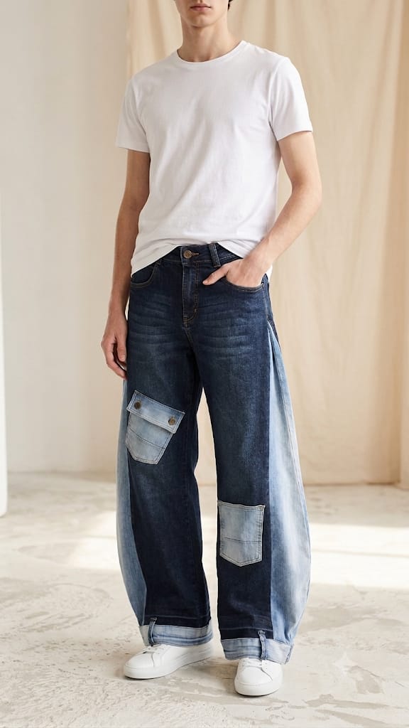 Calça jeans wide-leg patchwork PennAtelier